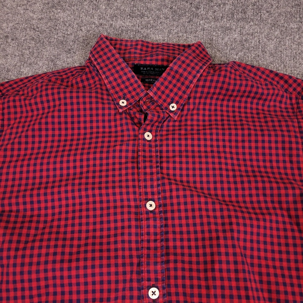 Zara Man Slim Fit Elbow Patch Mens Red Blue Gingham Check Button Down Shirt